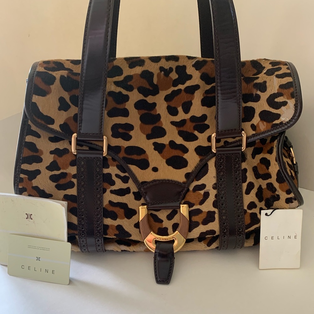 CELINE Triomphe Leopard Calf Hair Leather Shoulder Bag with Gold Hardware